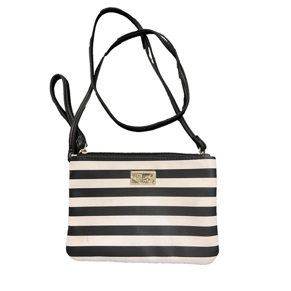 NEW Luv Betsey Johnson Wristlet Crossbody Black White Striped Pink & Black Heart - Picture 1 of 4